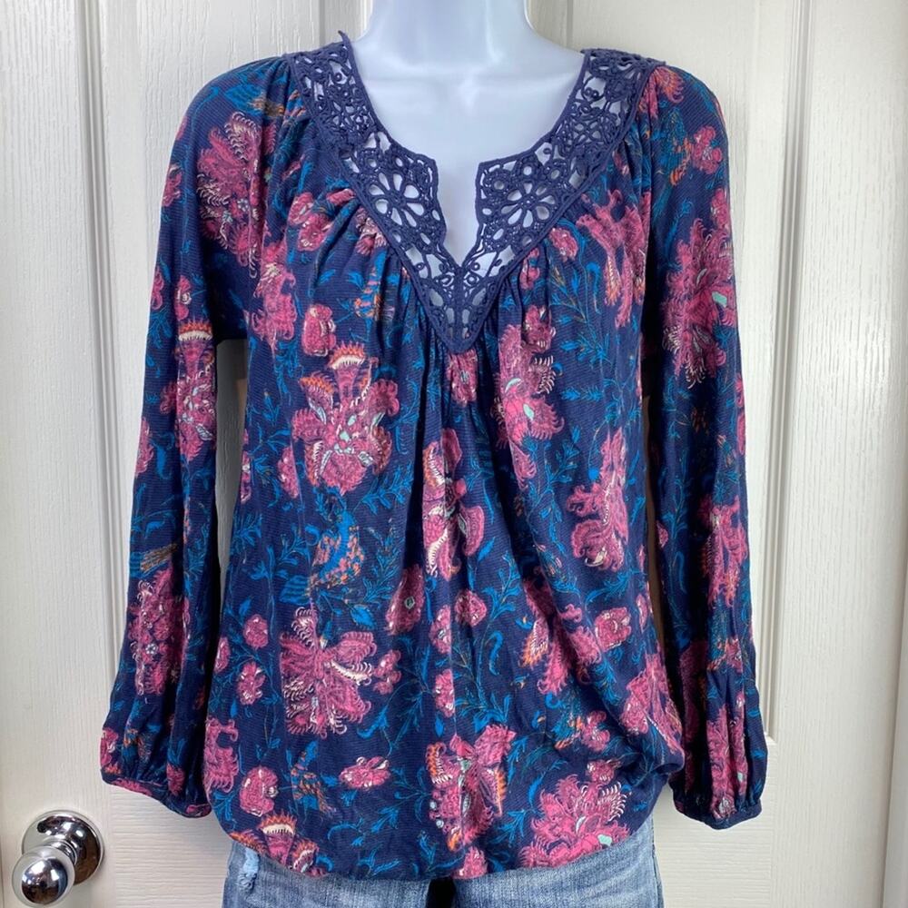 Lucky Brand Floral Crochet Neck Navy Blue Top S